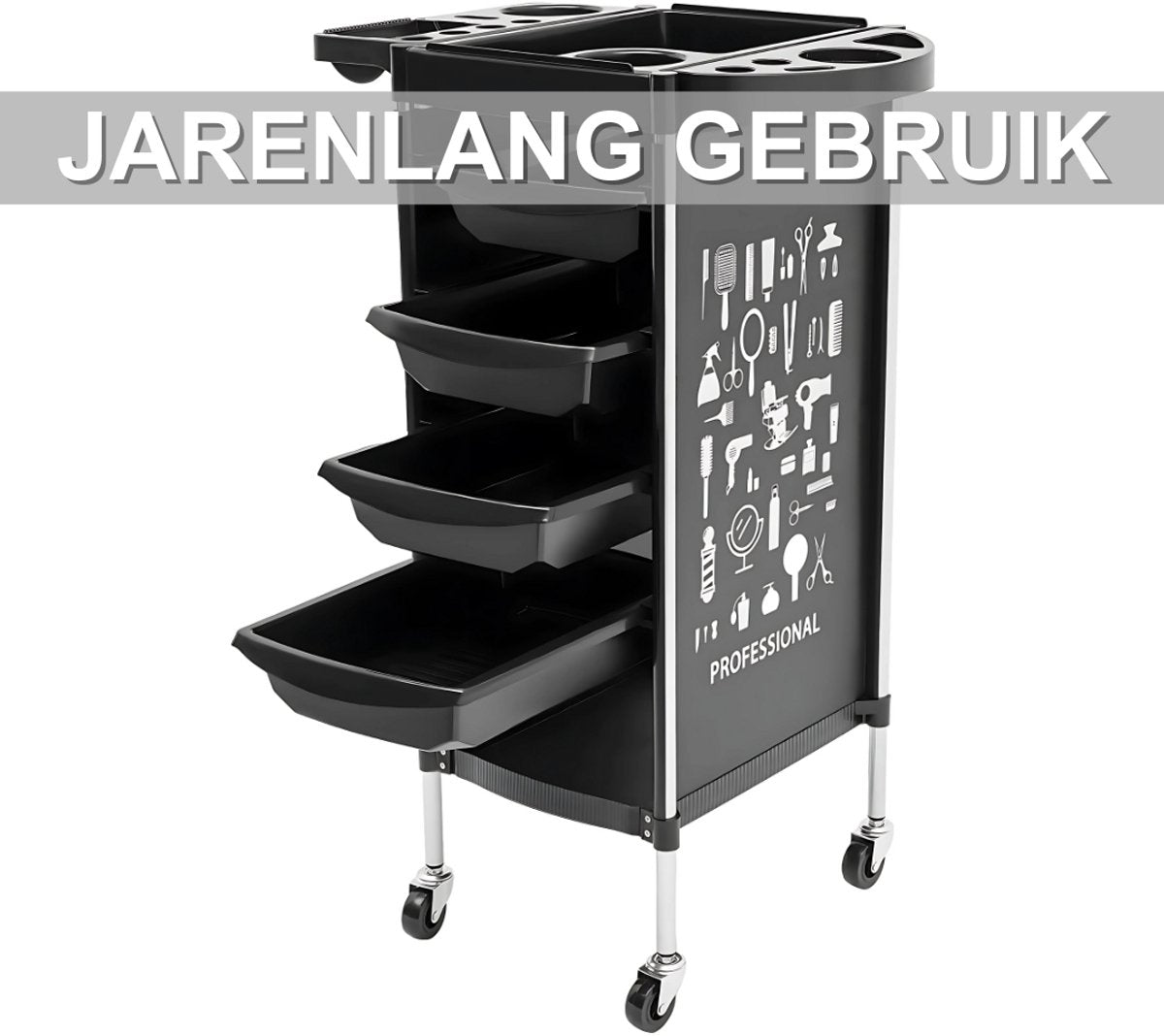 Kappers trolley Lucia - Met wielen - Zwart - Voor salons, spa’s en stylisten - Werkwagen