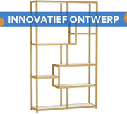 Boekenkast Aravon - 8 Lagen - Boekenrek Metaal - Goud en Marmerlook - Voor Woonkamer