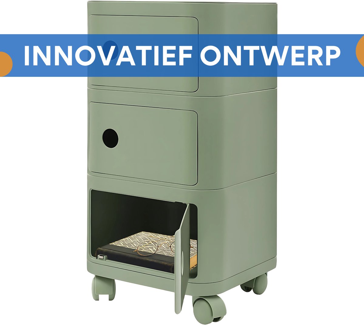 Nachtkastje - Bijzettafel - met Wielen - 32 cm - met Verborgen Opbergruimte - Moderne Opbergtafel voor Slaapkamer & Woonkamer - 3-laags - Groen