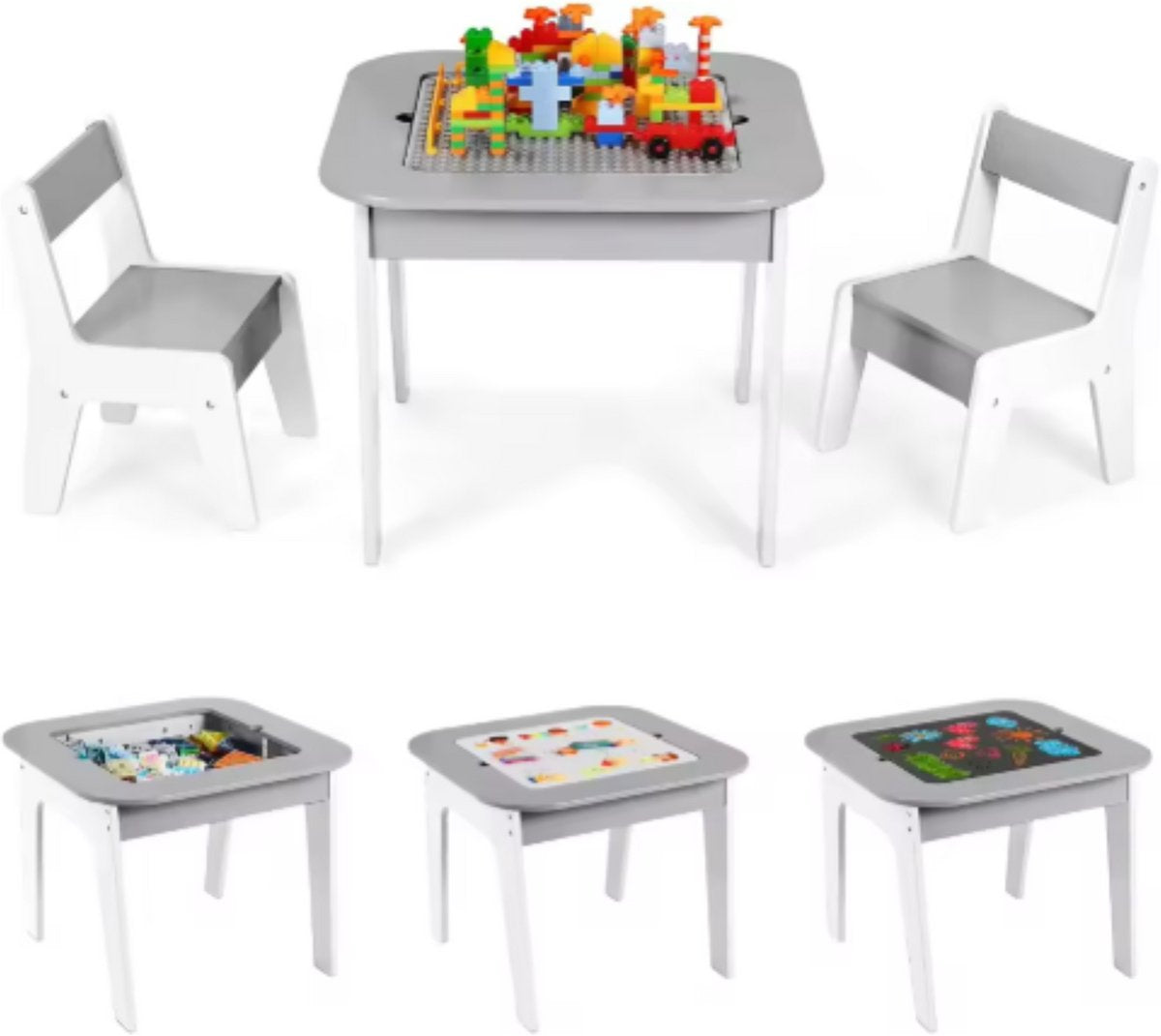 Kindertafel - Speeltafel- Voor Kinderen & Kleuterschool - Kindertafel en stoeltjes - 3-in-1 Speeltafel - Met met Tekenbord, Opbergruimte & 2 Stoelen - Grijs