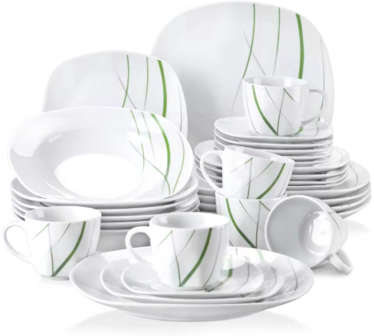 Nobleza Salade Kom - 30 delig - Wit/Groene Strepen - Dinerborden - Bordenset - Diepe borden - Ontbijtborden - Servies - Keukenservies