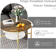 Salontafel Mira - 2-Lagen Glazen Design - Goud - Glanzend Tafelblad & Leistenen Onderplank - Moderne Luxe Thee- & Bijzettafel voor Woonkamer