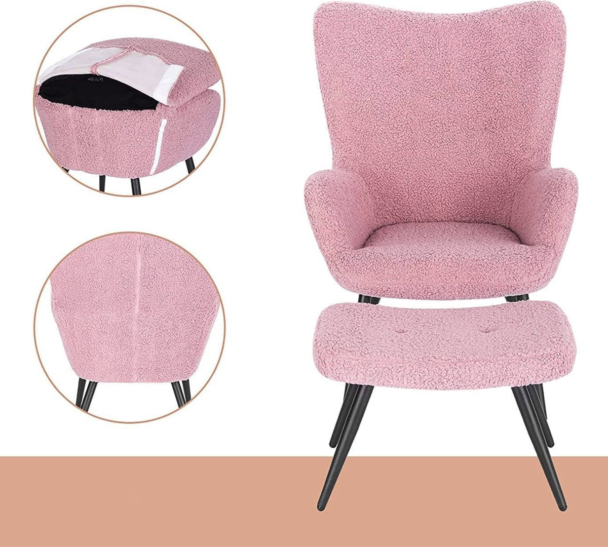 Happyment Moderne Fauteuil - Met hocker - Armleuning - Voetenbank Woonkamer stoel - Corduroy - Roze