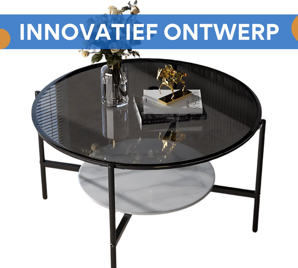 Salontafel Mira - 2-Lagen Glazen Design - Grijs - Glanzend Tafelblad & Leistenen Onderplank - Moderne Luxe Thee- & Bijzettafel voor Woonkamer
