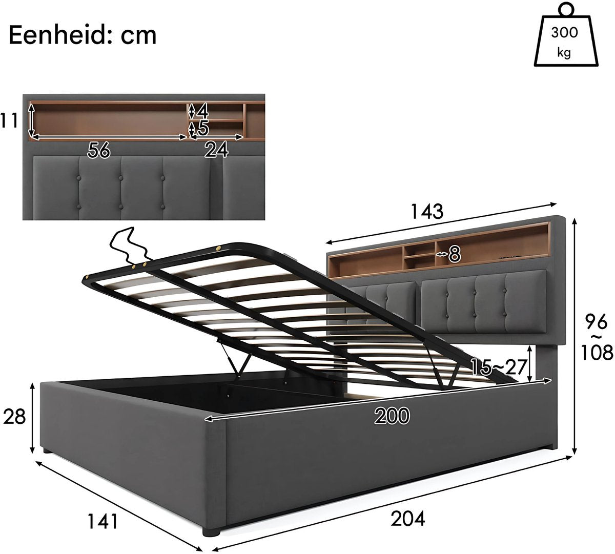 Bed - Tweepersoonsbedden - Tweepersoonsbed - Twijfelaar - Voor Jeugdkamer of Slaapkamer - Met USB-C Oplaadfunctie & Hoofdeinde - Lattenbodem & Opbergruimte voor Beddengoed - 140x200cm
