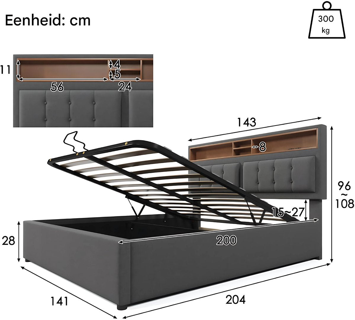 Bed - Opbergbed - Opbergruimte - Hydraulisch tweepersoonsbed Linnen lattenbodem Houten metalen frame - Beige - 160x200