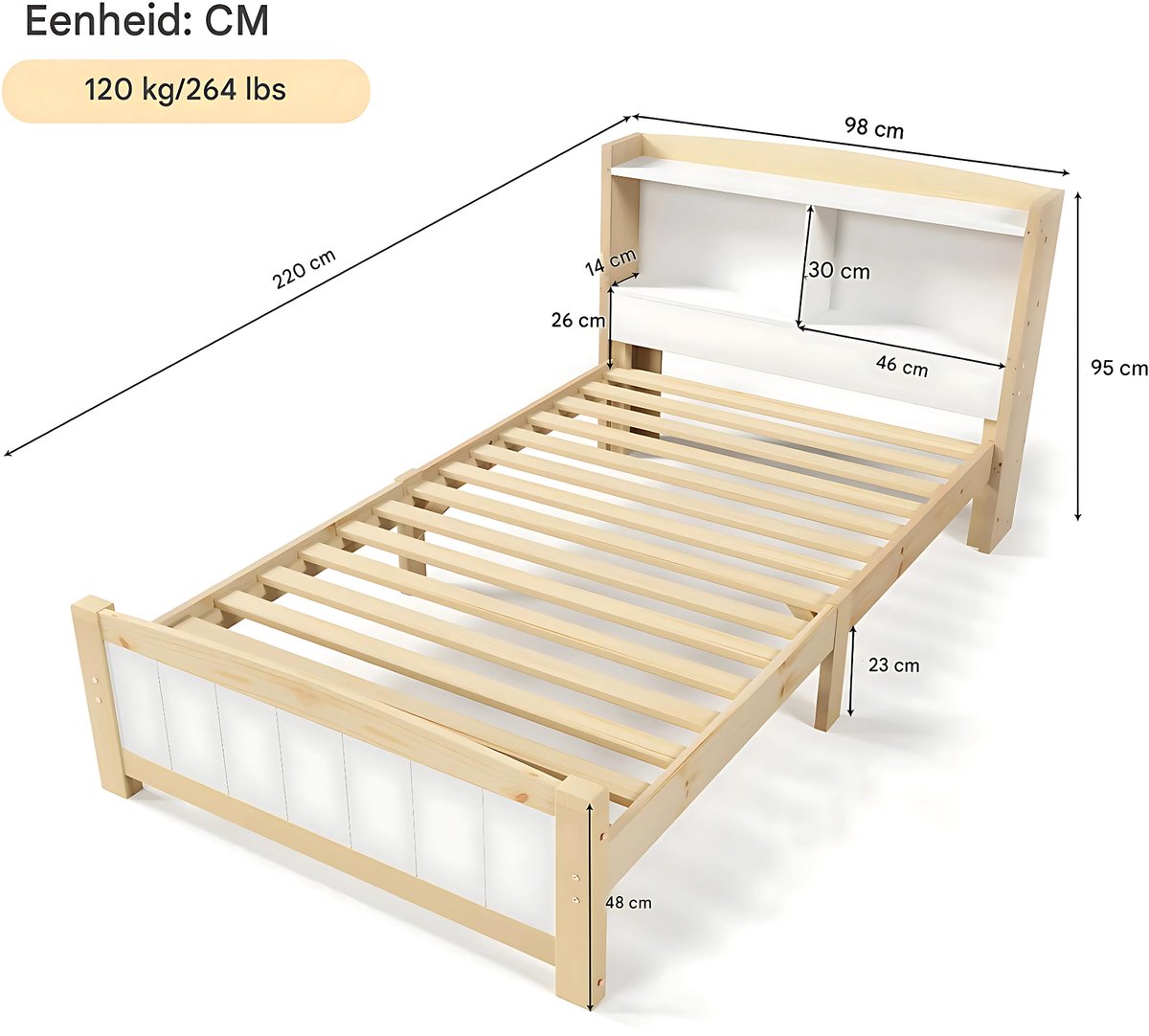 Eenpersoonsbed - Kinderbed - Kinderbedden - Voor Kinderen of Jeugd - Met Opberghoofdeinde & Lattenbodem - Grenenhout in Natuurlijk Wit - 90x200cm