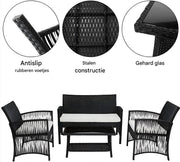 Rotan Tuinmeubelen Set Fioren - Voor Buiten en Balkon - 4 Stuks - Rotan Patio Meubelen - Weven Rieten Sofa Set met Kussens en Glazen Tafel - Zwart