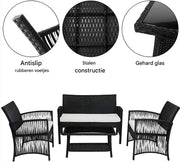 Rotan Tuinmeubelen Set - Voor Buiten en Balkon - 4 Stuks - Rotan Patio Meubelen - Weven Rieten Sofa Set met Kussens en Glazen Tafelm - Donkergrijs
