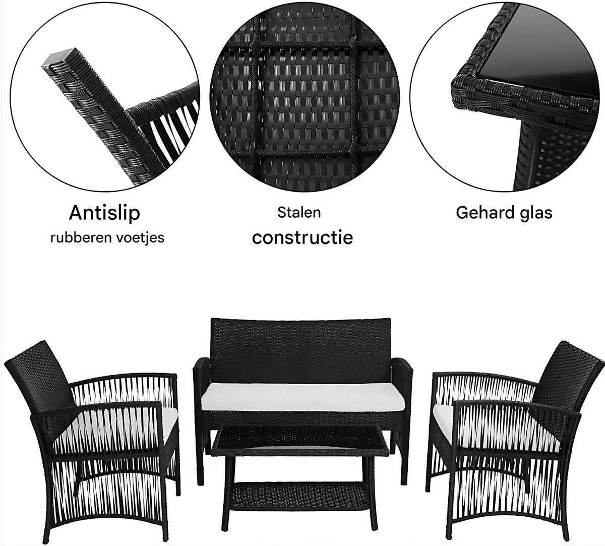 Rotan Tuinmeubelen Set - Voor Buiten en Balkon - 4 Stuks - Rotan Patio Meubelen - Weven Rieten Sofa Set met Kussens en Glazen Tafelm - Donkergrijs