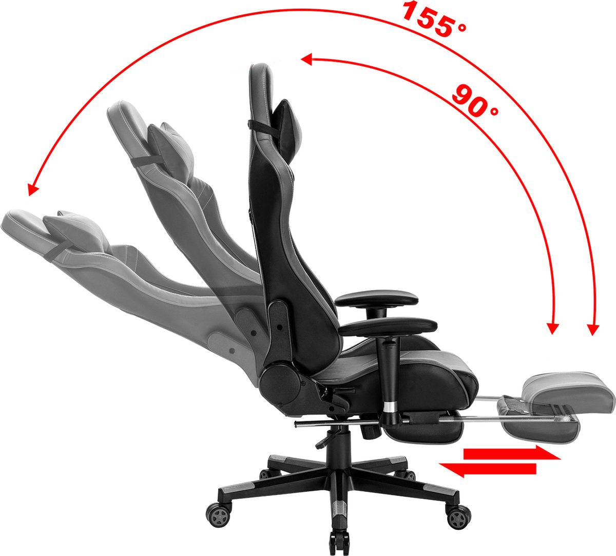 Luxe Gaming stoel - Grijs - Met voetsteun - Gamestoel - Verstelbaar in hoogte - Chair - Ergonomische bureaustoel - Chair - Kunstleer