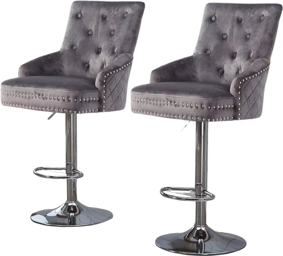 Barkrukken Opulence - Luxe Set van 2 - Met rugleuning - Grijs - Velvet - Verstelbaar - Voor Keuken, Bar of woonkamer - Draaibaar