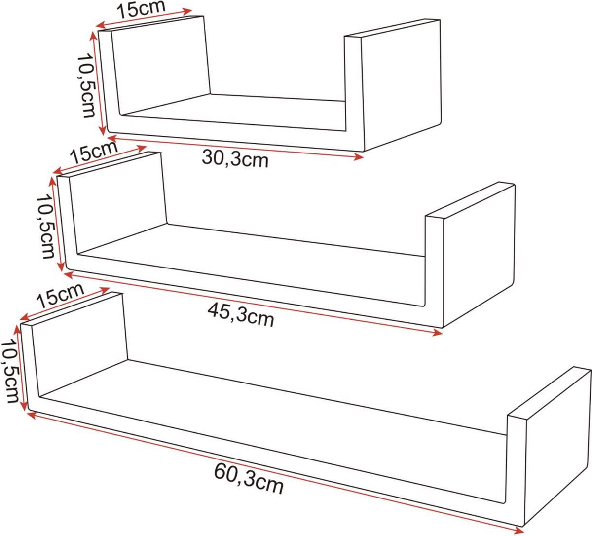 Happyment Zwevende Boekenplank - Wandplank voor tegen de muur - Set van 3 - Wandplanken - Wandrek - Fotoplank kinderkamer - Zwart - Hout MDF
