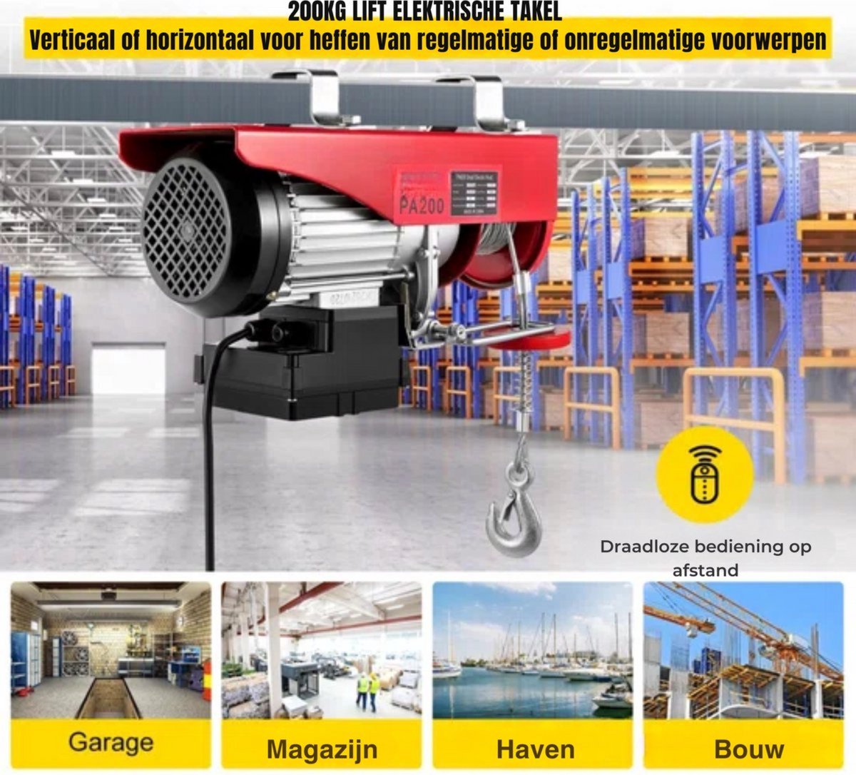 Elektrische Kabeltakel - 200kg - 480W Draadloos - Lier met 12m/min Snelheid