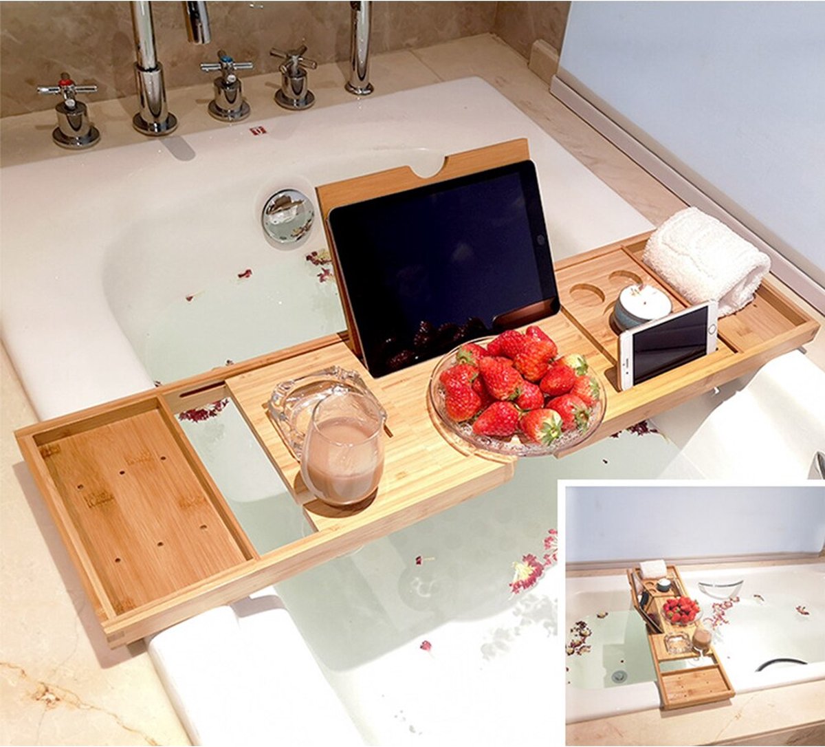 Frobin Badkuip Dienblad l Tablet Houder l Bamboe Lade l Spa Dienblad l Organiser l Boek Houder l Wijn Dienblad l Antislip Bodem l Uitschuifbaar Dienblad