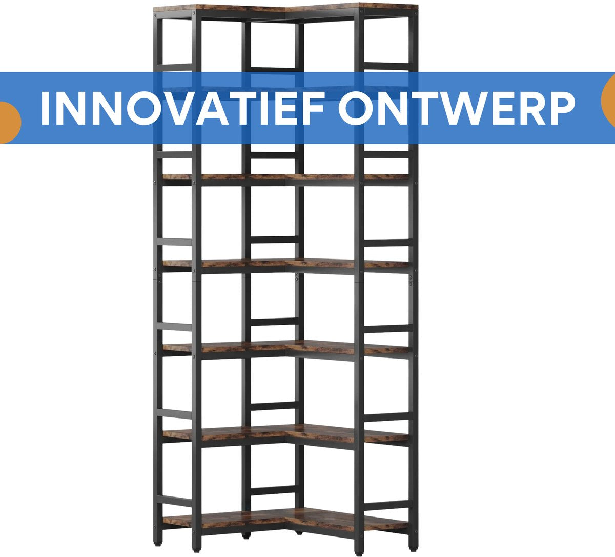 Hoekkast Dublin - Hoge vakkenkast 200cm - Boekenrek Hoekmeubel - Opbergrek 7 planken - Bruin