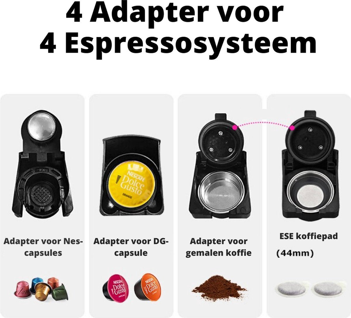 Happyment 4 in 1 Koffiemachine - Koffiezetapparaat - Koffie Automaat - Automatisch - Nespresso - Dolce Gusto - Koffiepoeder - Koffiepads - Met Melkopschuimer
