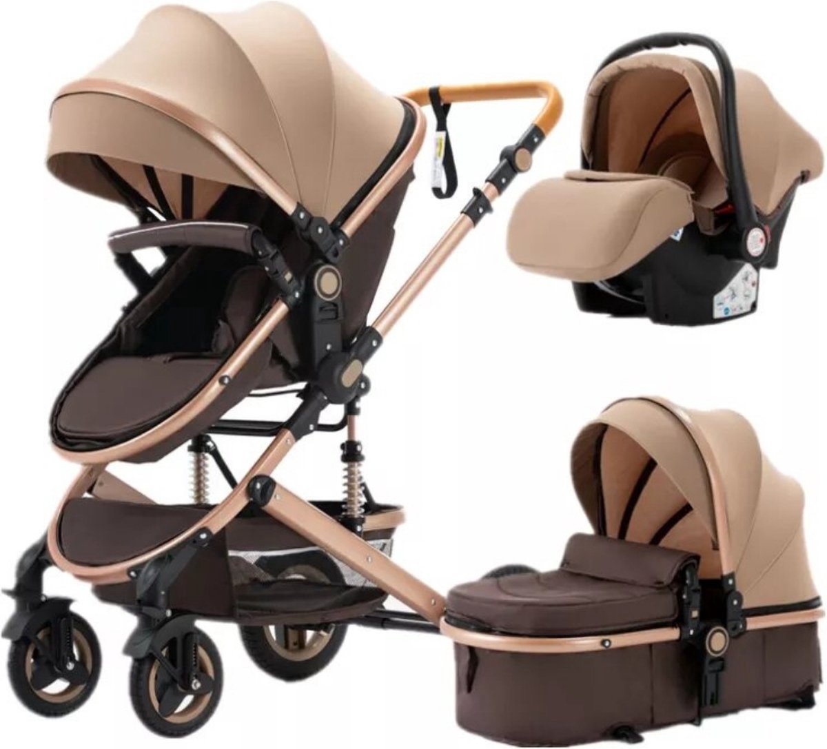 Happyment 3 in 1 Kinderwagen - Buggy - Wandelwagen Baby - Reisbuggy - Reis Buggy - Plooibuggy - Beige