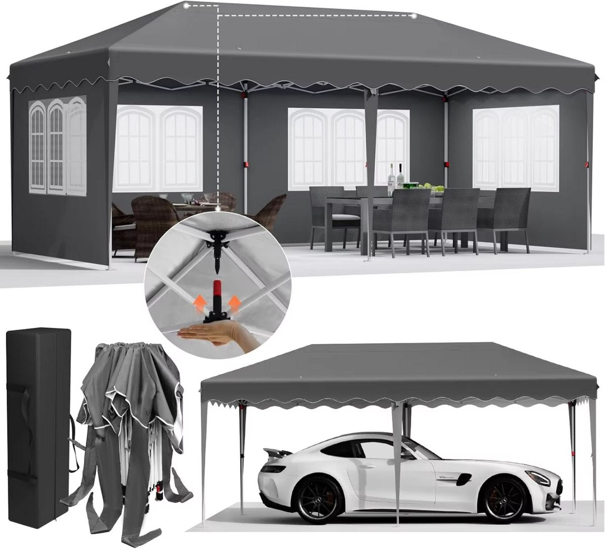 Luxe partytent - Opvouwbaar - Met zijwanden - Zwart - 300x600cm - Easy up - Paviljoen - Waterdicht weerbestendig - In hoogte verstelbaar