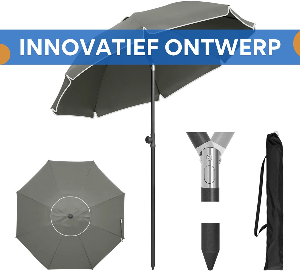 Ronde Parasol - Voor Balkon, Strand of Tuin - Verstelbaar & 45° Kantelbaar - UV-Resistent & Waterdicht - Gray Diameter 175cm