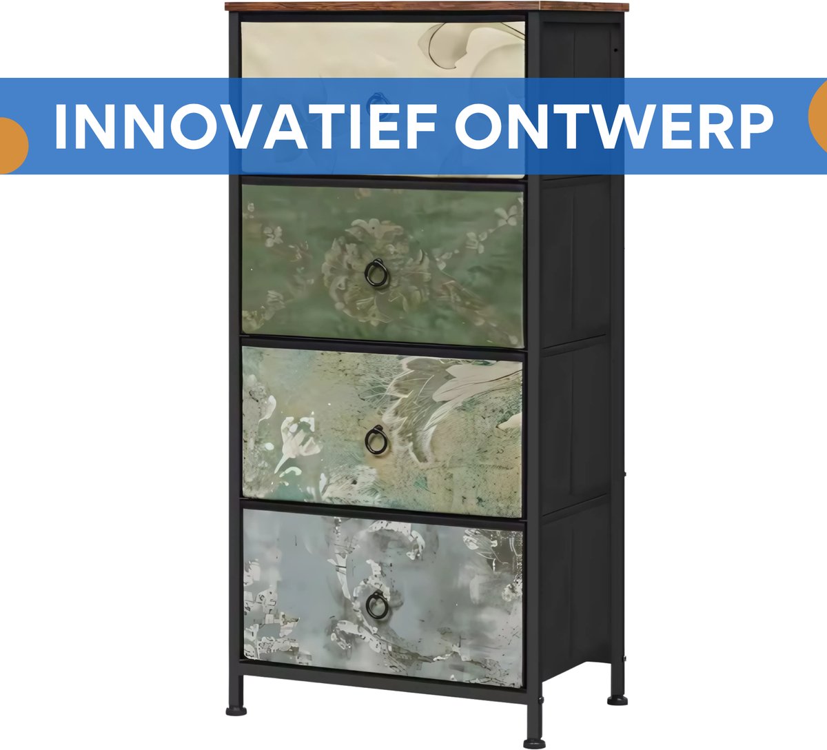 Smalle Zijkast met 4 Laden - Opbergkast - ladekast - Voor Slaapkamer of Woonkamer - Stoffen Opbergkast & Dressoir - Vrijstaande Home Organizer