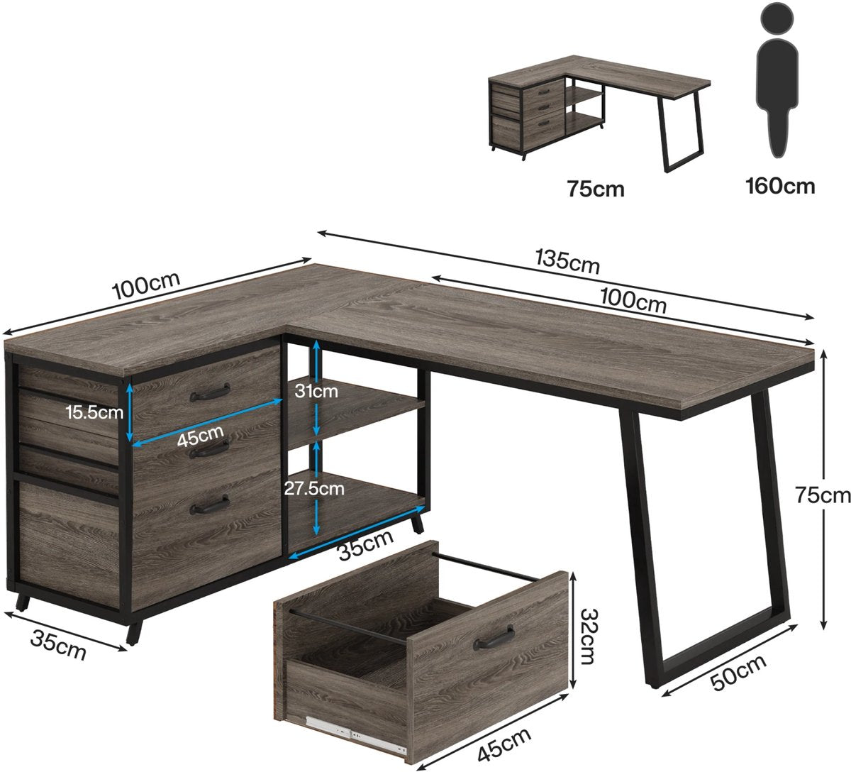 Hoekbureau London - Computerbureau - 135cm - Grijs - Voor thuis of werk - Hout en metaal