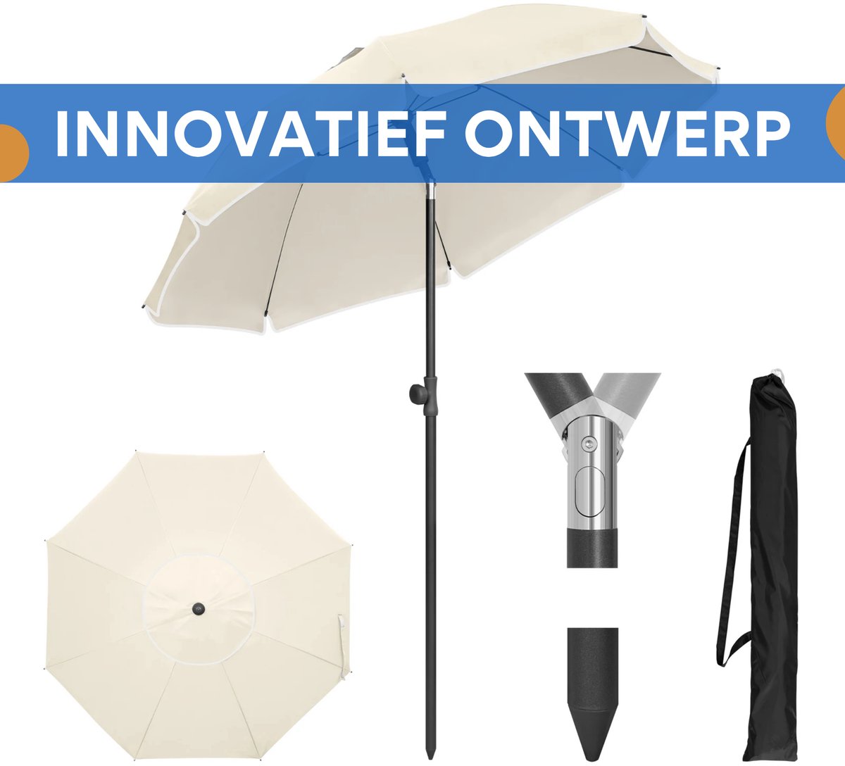 Ronde Parasol - Voor Balkon, Strand of Tuin - Verstelbaar & 45° Kantelbaar - UV-Resistent & Waterdicht - Beige Diameter 155cm