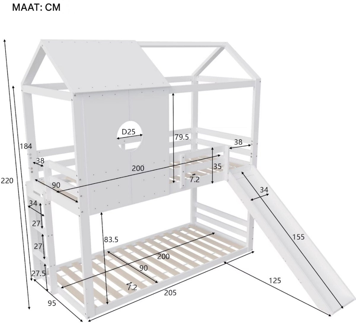Luxe stapelbed voor kinderen - 90x200 cm - Kinderbedden - Hoogslaper - Met Hoektrap, valbeveiliging en raam - Peuterbed