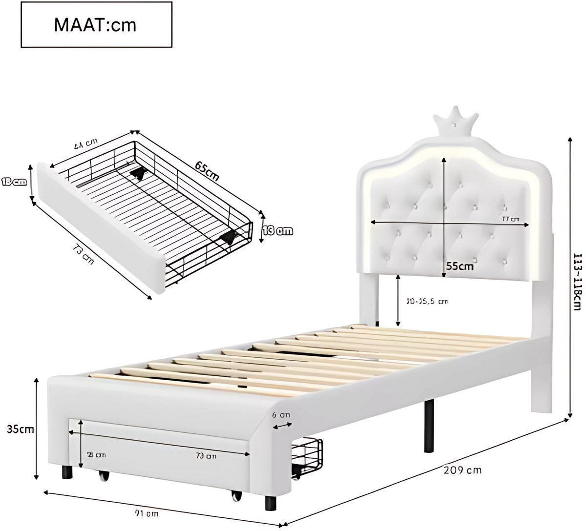 Kinderbed voor meisjes - 90x200cm - Gestoffeerd bed met 1 lade - LED-verlichting en rugleuning - Eenpersoonsbed