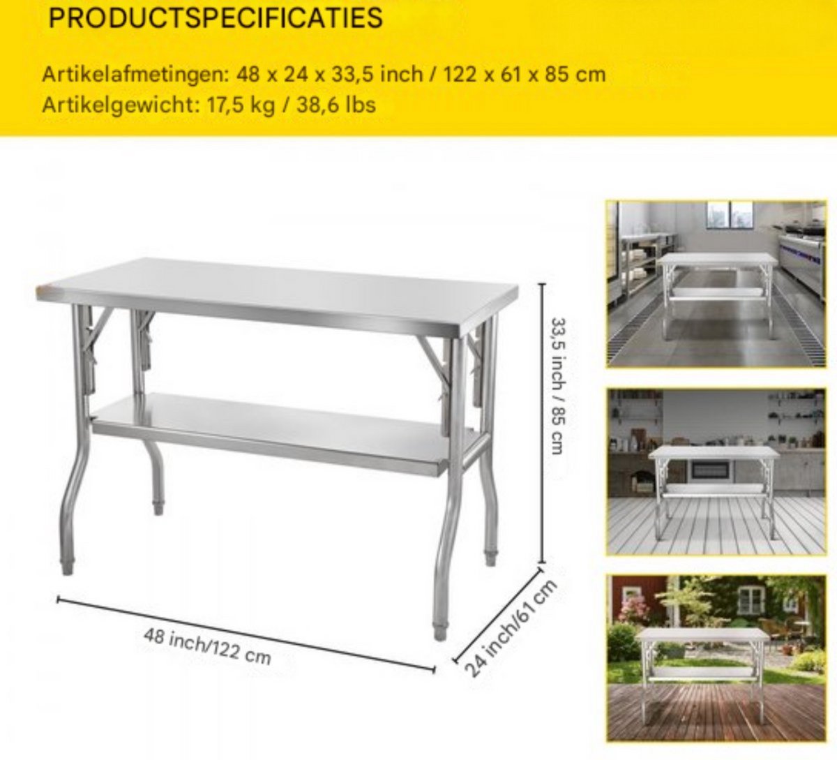 RVS Werktafel - Werkbank - 1220x610x850 mm - Keuken- of Garagegebruik