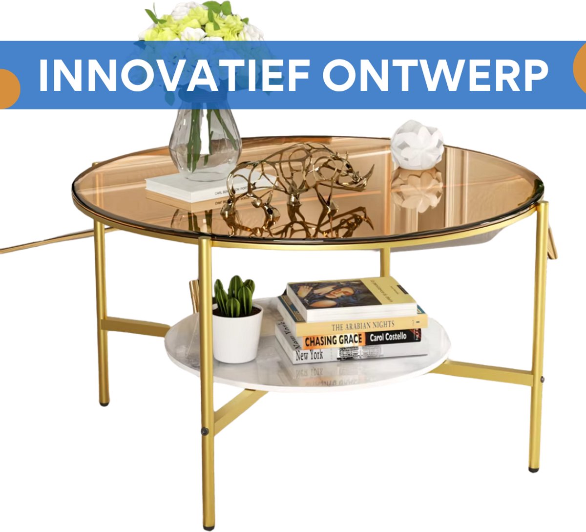 Salontafel Mira - 2-Lagen Glazen Design - Goud - Glanzend Tafelblad & Leistenen Onderplank - Moderne Luxe Thee- & Bijzettafel voor Woonkamer