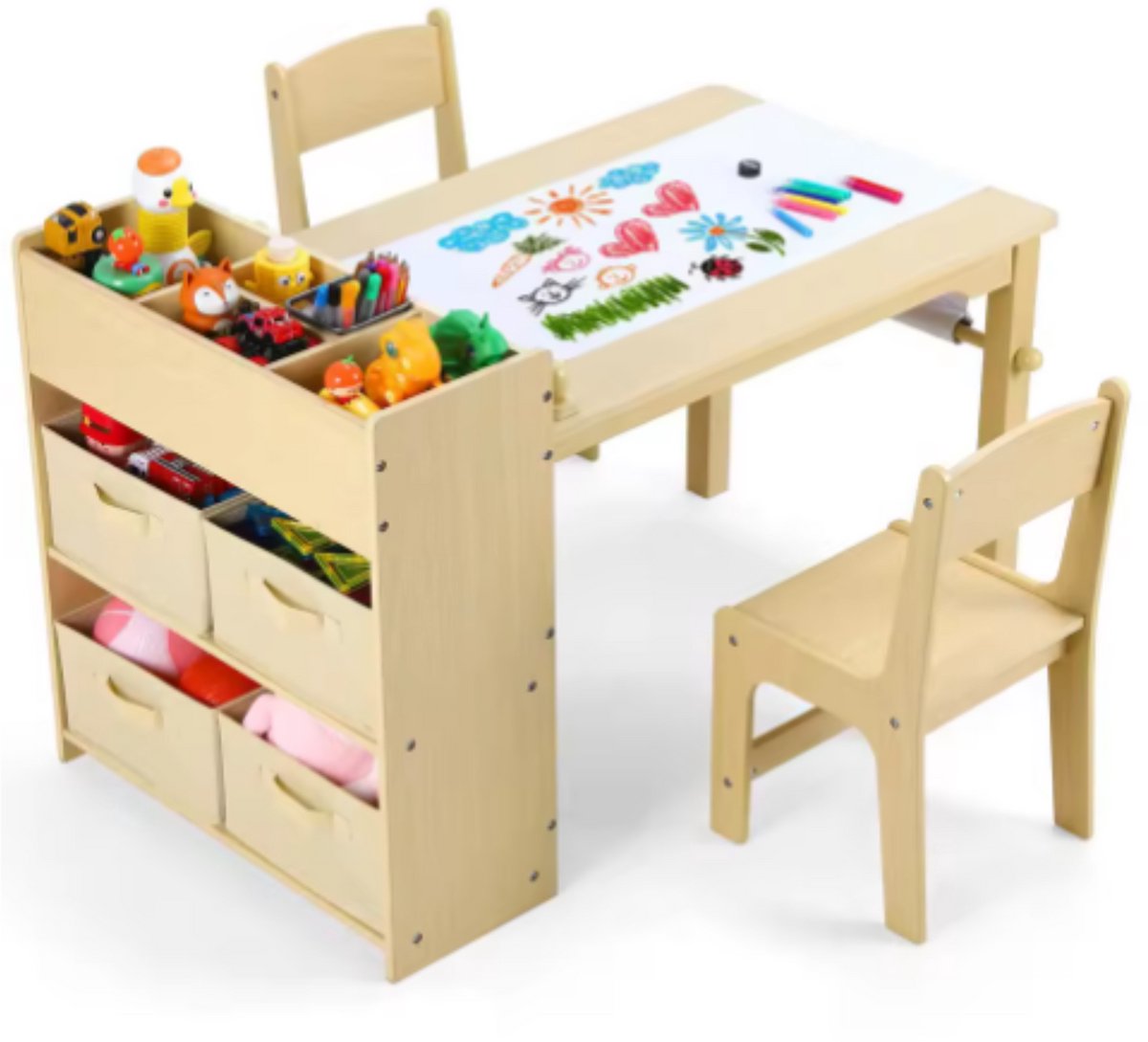 Kunsttafel en Stoelenset voor Kinderen - Houten Knutseltafel met 2 Stoelen, Opbergplanken, Canvas Bakken en Papierrol - Speeltafel voor Kinderkamer - Houtlook