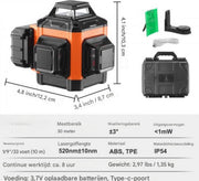 Kruislijnlaser zonder statief - Zelfnivellerend Laser - 360 graden - Waterpas - Lasergolflengte Bouwlaser - Incl. Lithiumbatterij