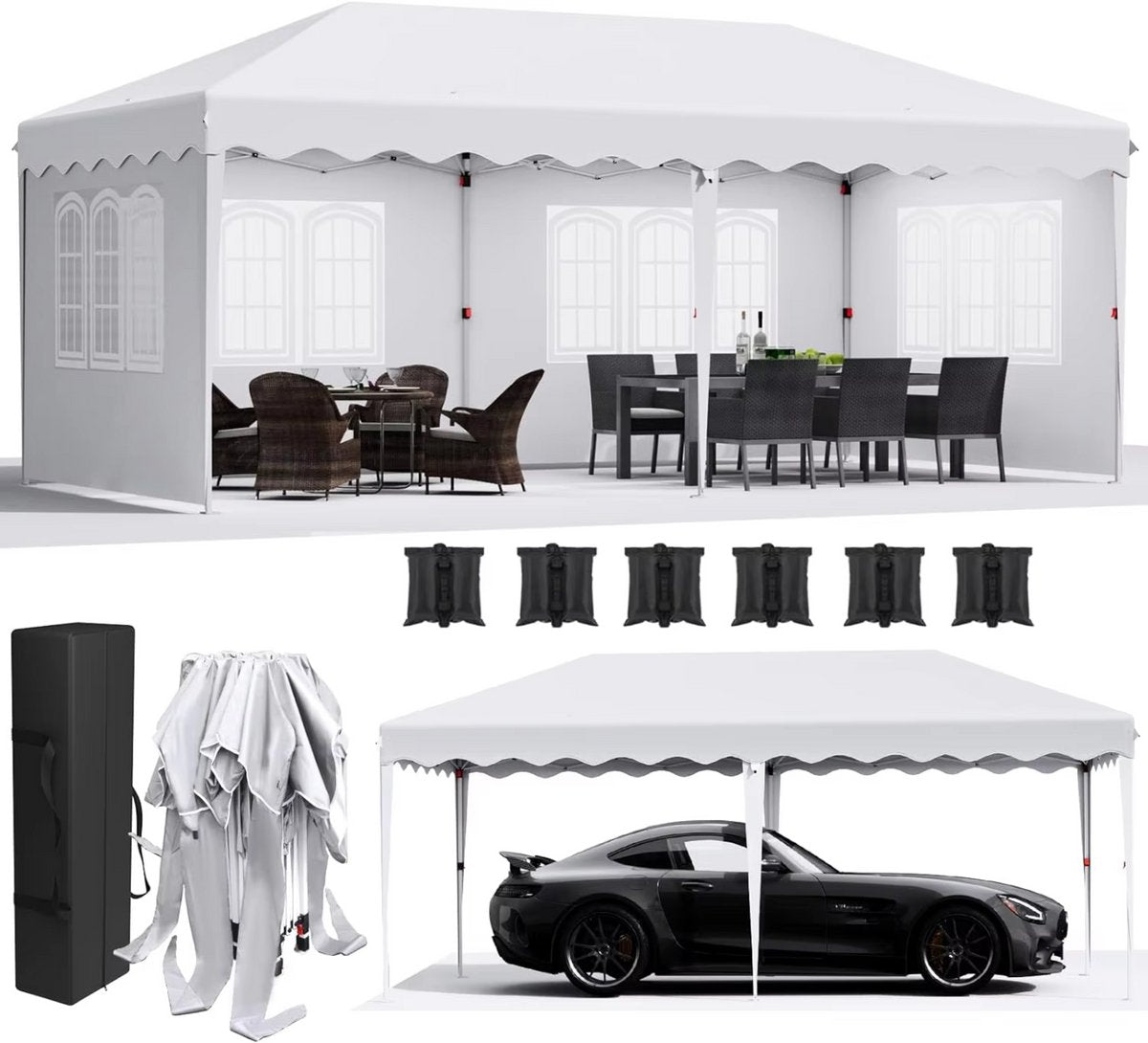 Luxe partytent - Opvouwbaar - Met zijwanden - wit - 300x600cm - Easy up - Paviljoen - Waterdicht weerbestendig - In hoogte verstelbaar