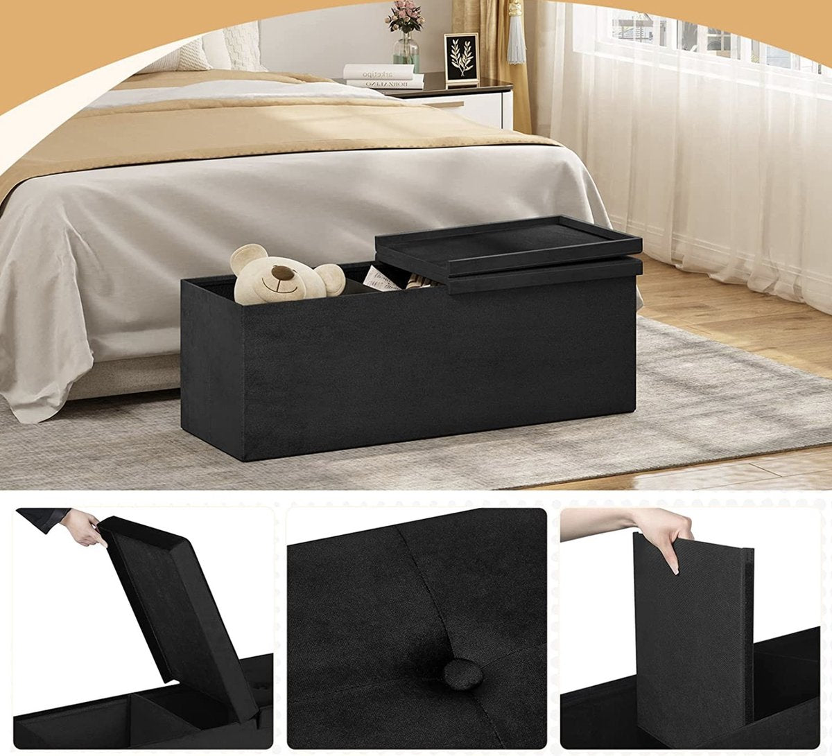 Happyment Opbergbank Zaza - Met opbergruimte - Zitbank Poef - Voetenbank - Opbergbox hocker - Zitkist met deskel - Donkergrijs - Zwart - 110x38x38 cm
