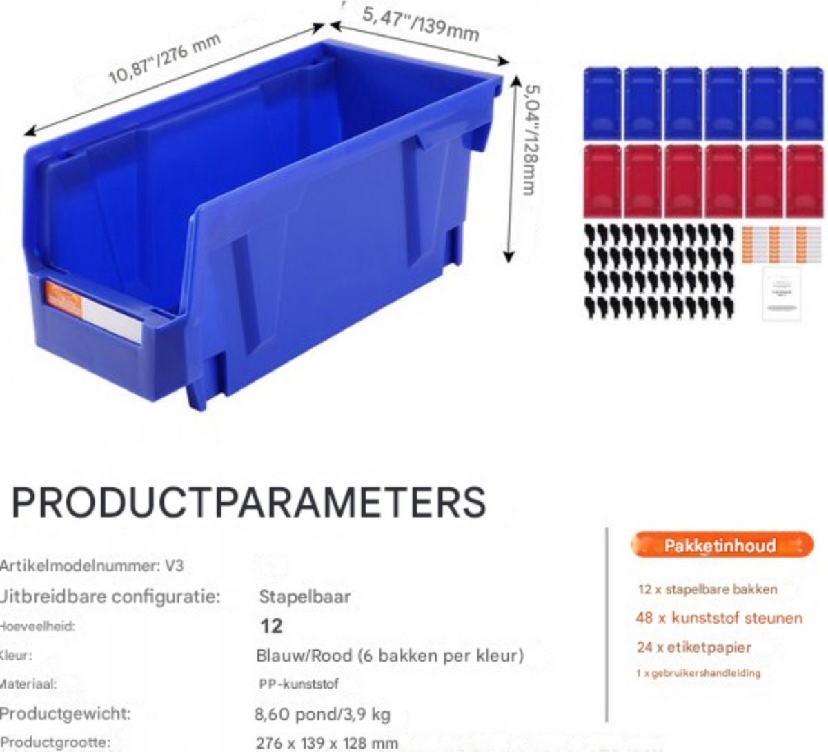 Opbergdozen - Opbergbox - Storage box - Bewaardoos - Opberger - Set van 12 - Stapelbaar - Blauw/Rood - Voor Werkplaats of Speelkamer