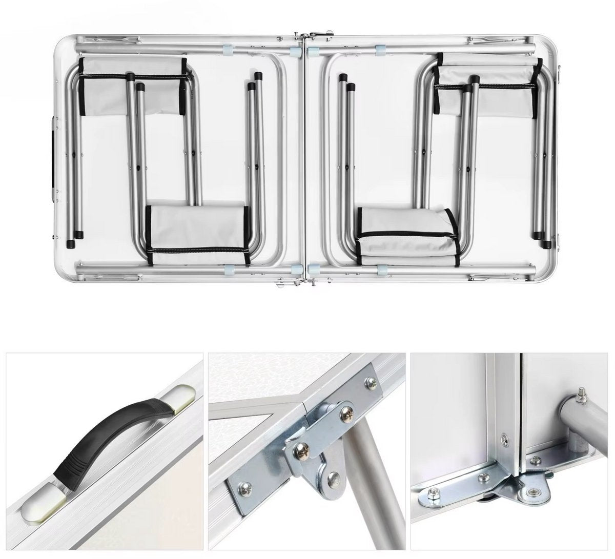 Kampeertafel 5-delig - Opvouwbaar - Klaptafel - Voor Camping en Tuin - Inklapbaar met 4 Krukken - Aluminium 120 cm - Wit