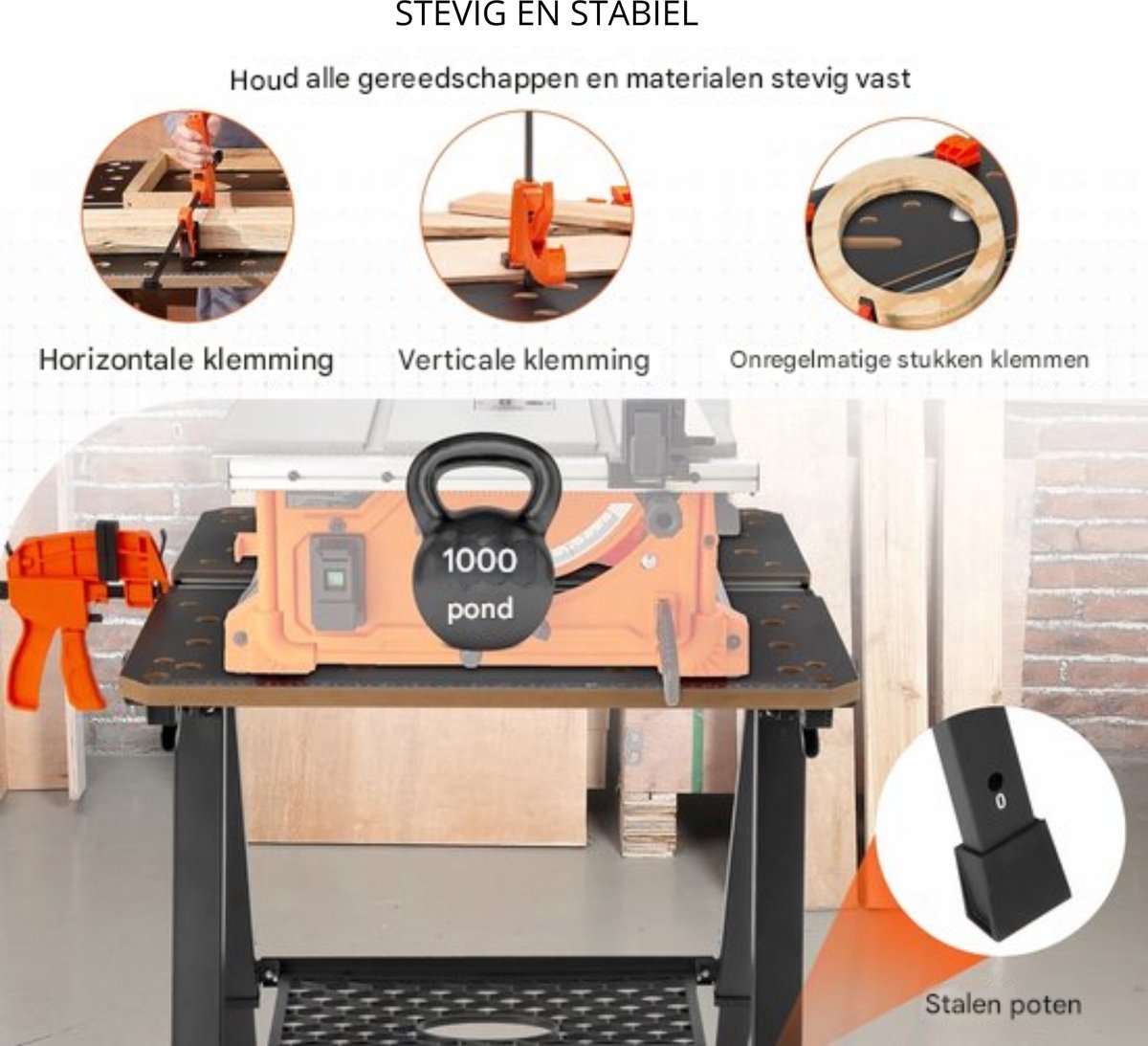 Inklapbare Werktafel - Professioneel - Houtbewerking - 7 Werkhoogtes - Klemsysteem - 454KG laadvermogen - Zwart