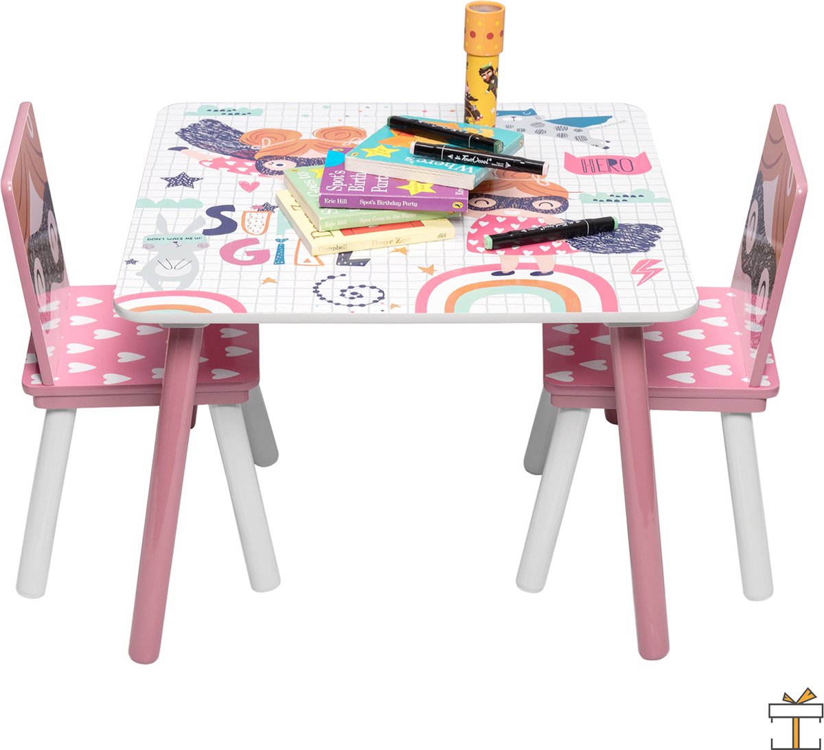 Happyment® Kindertafel en 2 Stoeltjes - Kindermeubel - Tafeltje - Speeltafel - kinderbureau - Black friday - Sinterklaas - Kerstcadeau - Roze