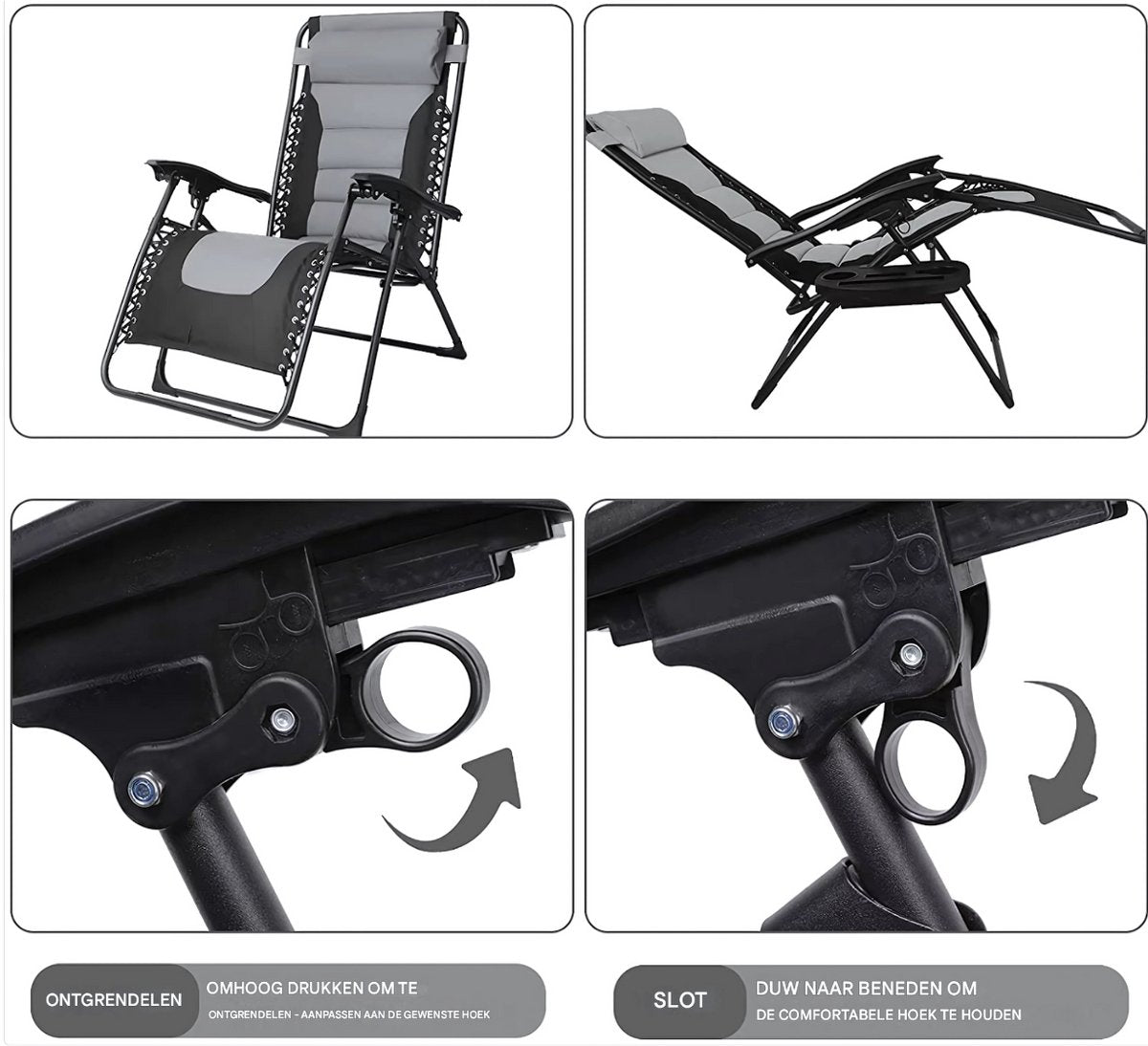 Gewatteerde Zero Gravity Lounge Chair - Tuinstoel - Ligbed - Voor Terras & Tuin - Opvouwbare Fauteuil met Verstelbare Hoofdsteun, Bekerhouder - Ondersteuning tot 160 kg - 2 stuks - Zwart