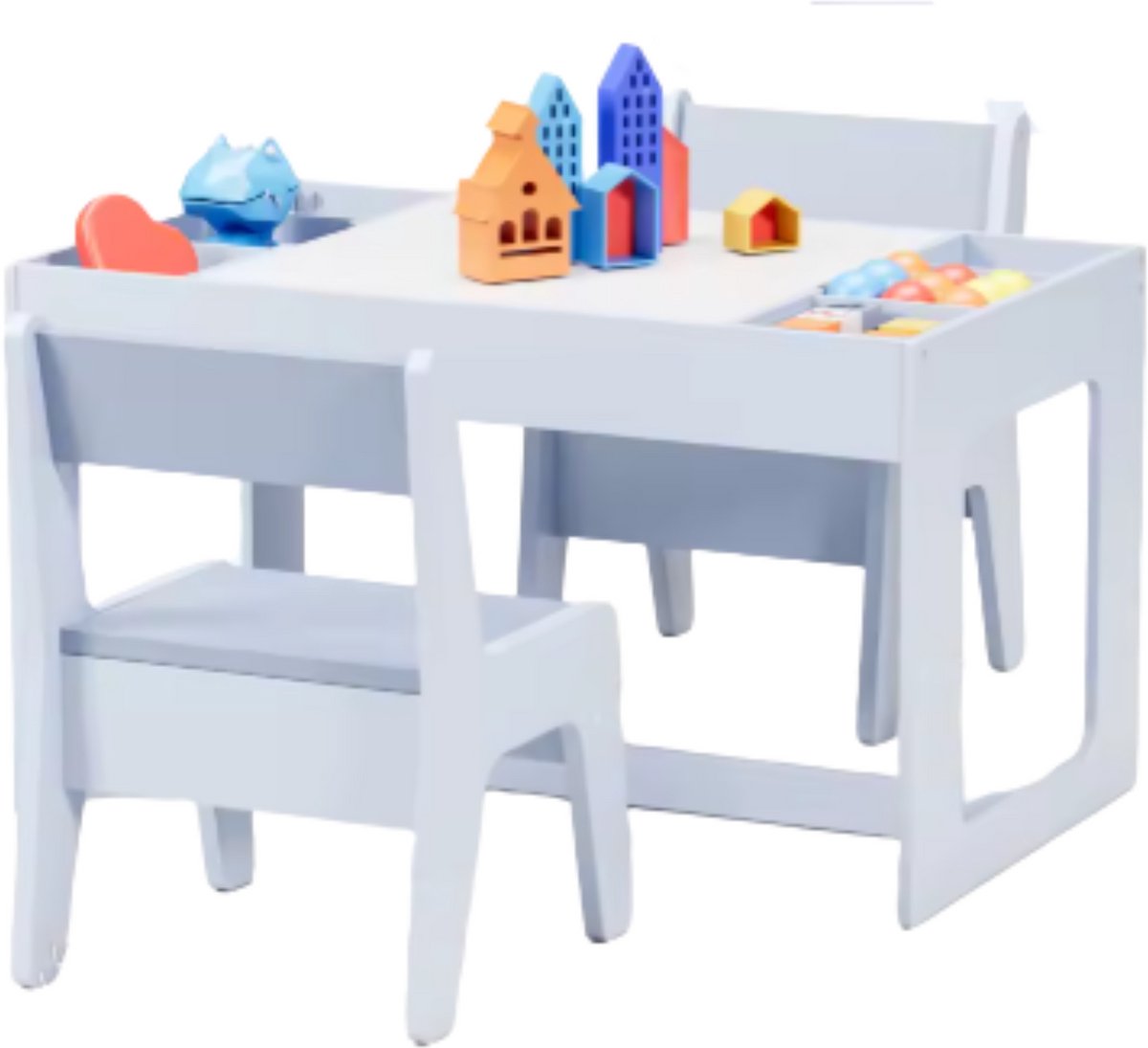 Kindertafel - Speeltafel- Voor Kinderen & Kleuterschool - Kindertafel en stoeltjes - 3-in-1 - Met met Tekenbord, Opbergruimte & 2 Stoelen - Lichtgrijs