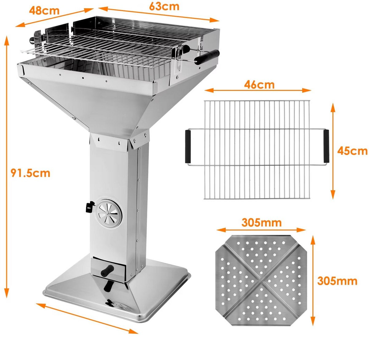 Grill Houtskool BBQ - Voor Tuin, Camping & Outdoor - Draagbare Trechterbarbecue met Plank - Roestvrijstaal - 48x63x90 cm