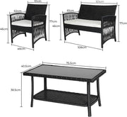 Rotan Tuinmeubelen Set - Voor Buiten en Balkon - 4 Stuks - Rotan Patio Meubelen - Weven Rieten Sofa Set met Kussens en Glazen Tafelm - Donkergrijs