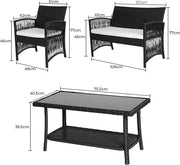 Rotan Tuinmeubelen Set Fioren - Voor Buiten en Balkon - 4 Stuks - Rotan Patio Meubelen - Weven Rieten Sofa Set met Kussens en Glazen Tafel - Zwart