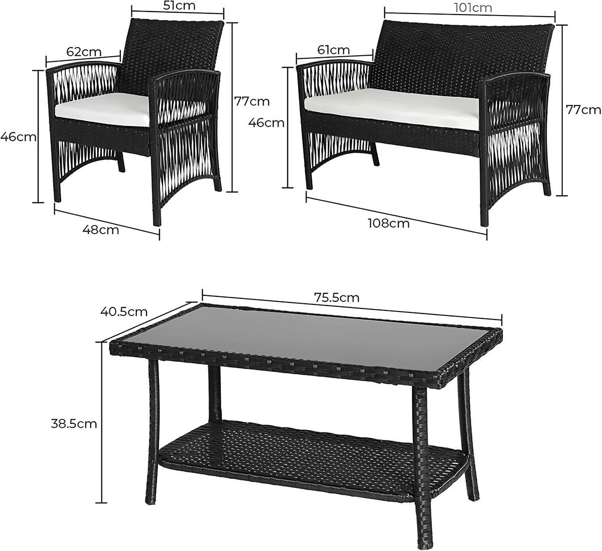 Rotan Tuinmeubelen Set Fioren - Voor Buiten en Balkon - 4 Stuks - Rotan Patio Meubelen - Weven Rieten Sofa Set met Kussens en Glazen Tafel - Zwart
