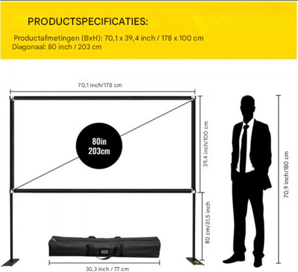 Projectiescherm deluxe - 80 inch - Beamerscherm - HD 4K - Projectiedoek - Beamer Scherm - 160° Kijkhoek