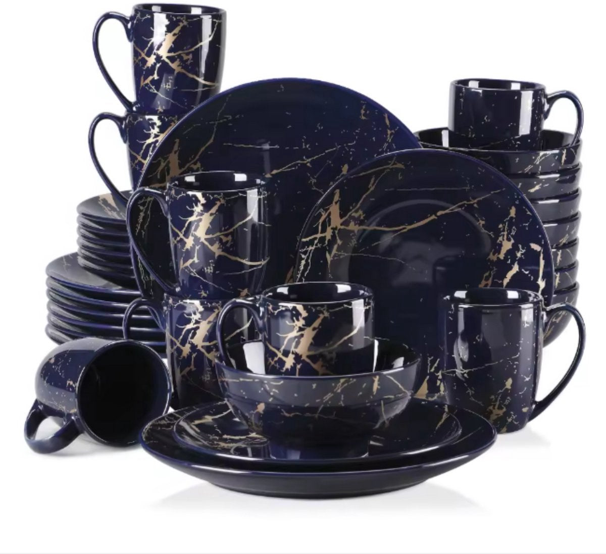 Haute Serviesset - 32 delig - Donkerblauw/Goud - Dinerborden - Bordenset - Diepe borden - Ontbijtborden - Servies - Keukenservies – Geschikt voor oven
