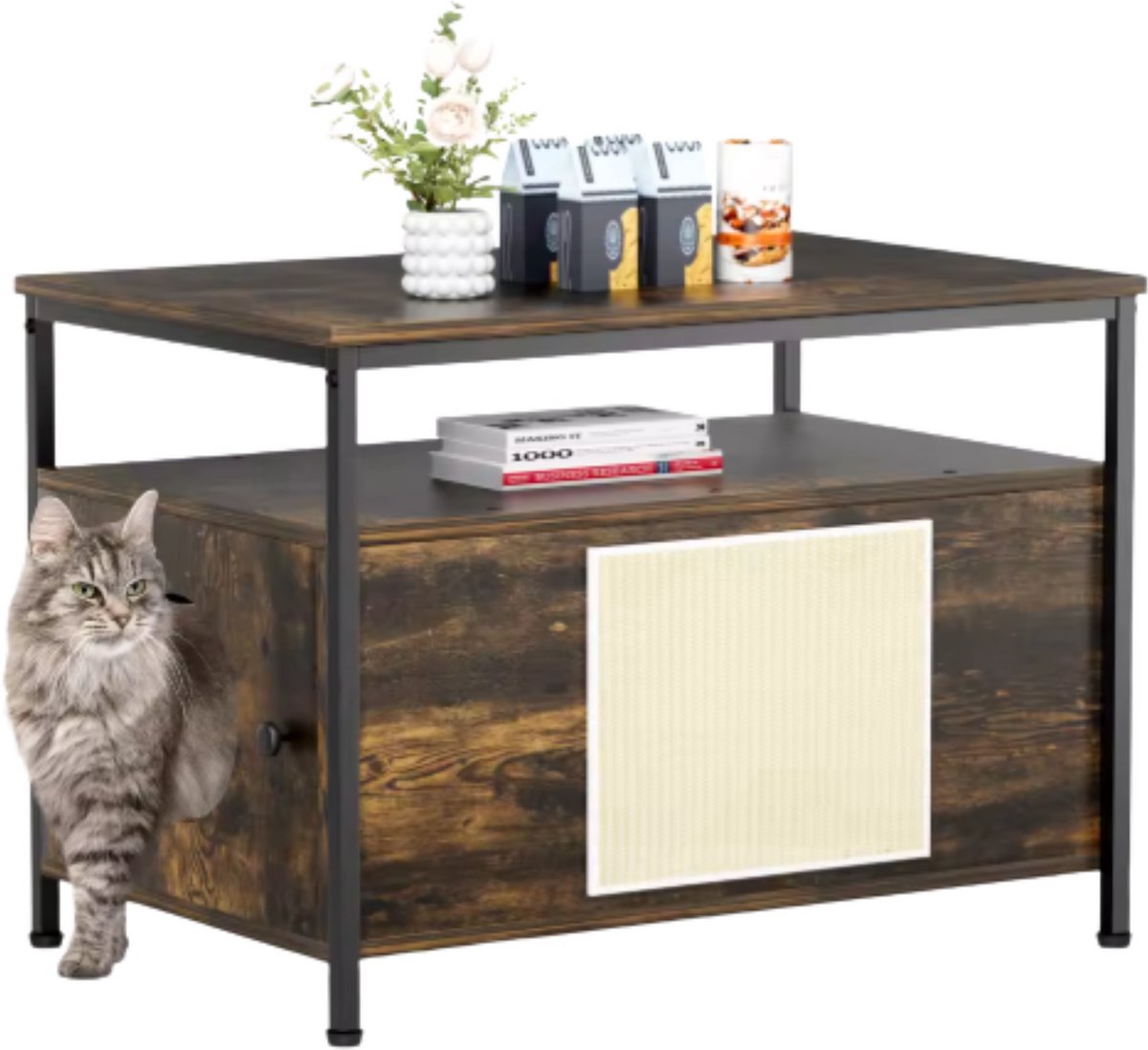 Houten Kattenbak Tavien - Verborgen Kattenbak Meubilair met Plank - Opbergkast voor Binnen - Huisdier Krat en Bijzettafel - Voor huisdieren - Bruin