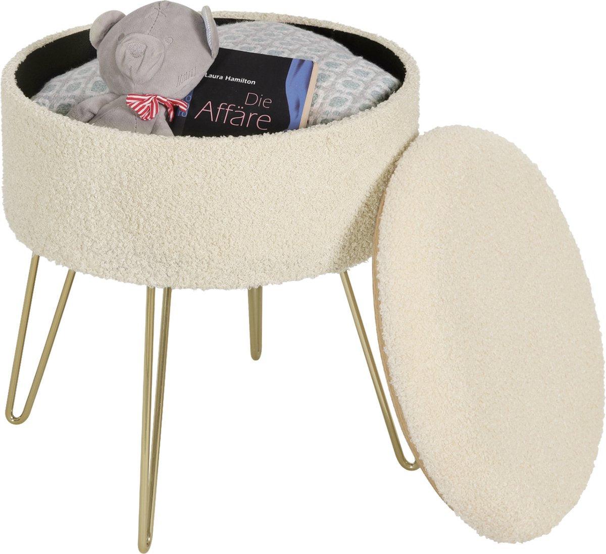 Luxe Poef Feri - Met opbergruimte - Rond - Voetenbank met opbergruimte - Opbergbox hocker - Zitkist met deskel - Beige - Teddy - 39x39x44 cm