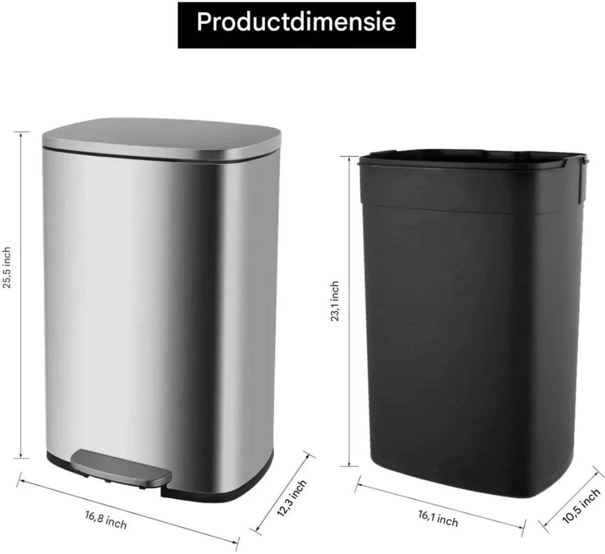 Luxe pedaalemmer - Grijs 50L - Prullenbak - Afvalscheiding - RVS - Softclose - Anti-slip
